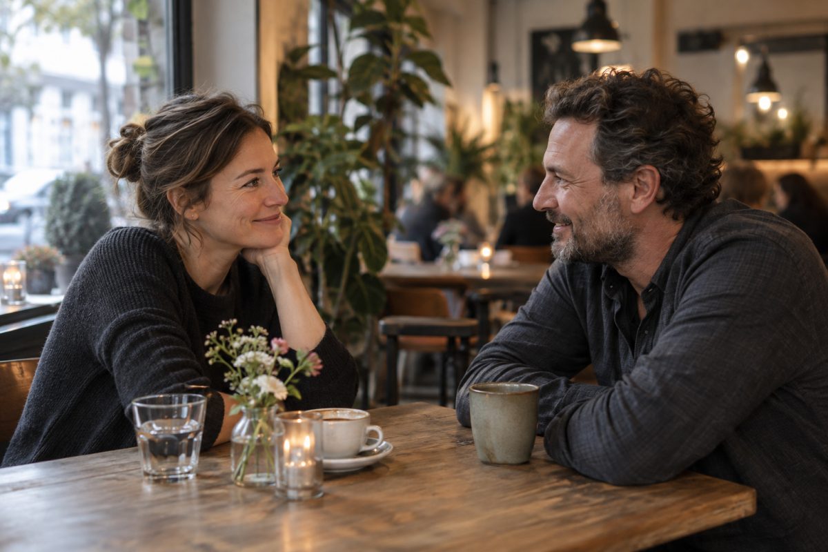Zwei Erwachsene lächeln sich bei einem entspannten Gespräch im Café an